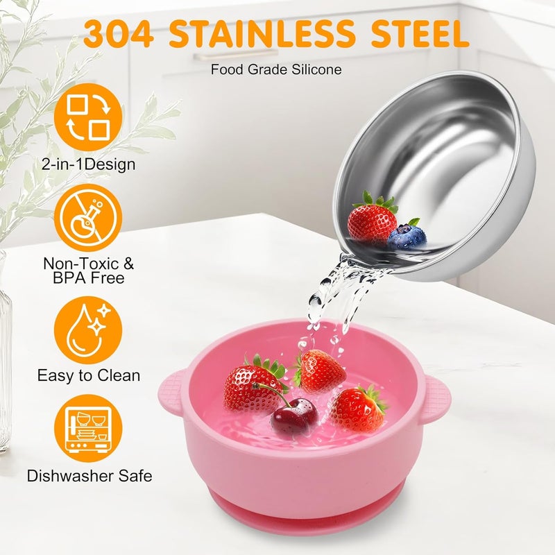 JVEOO 4 Pack Stainless Steel Baby Bowls with Suction, 2-in-1 SUS304 Toddlers Bowl & Removable Silicone Suction Kids Bowl Anti Scald Non Toxic Snack Container for Baby Food Feeding - Image 3